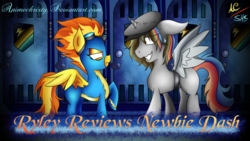 Size: 1024x576 | Tagged: safe, artist:animechristy, spitfire, oc, alicorn, pegasus, pony, g4, newbie dash, alicorn oc, clothes, duo, grin, looking at each other, male, multicolored hair, nervous, nervous smile, smiling, stallion, title card, unamused, uniform, wonderbolts uniform