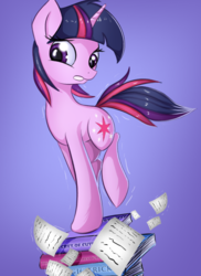 Size: 832x1144 | Tagged: safe, artist:twiren, twilight sparkle, pony, unicorn, g4, balancing, book, cute, female, frown, gradient background, gritted teeth, horn, mare, paper, raised leg, shivering, solo, twiabetes, unicorn twilight, wide eyes, worried