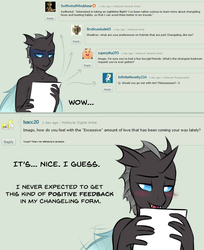 Size: 1000x1228 | Tagged: safe, artist:askbubblelee, oc, oc only, oc:imago, changeling, anthro, anthro oc, blushing, changeling oc, cute, deviantart, dialogue, fangs, female, letter, question, solo, unamused