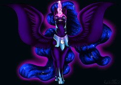 Size: 800x560 | Tagged: safe, artist:redheaven02, nightmare moon, alicorn, pony, g4, female, glowing horn, grin, horn, looking at you, magic, simple background, smiling, solo, spread wings