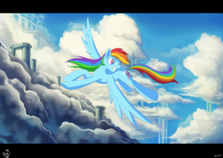 Size: 1311x926 | Tagged: safe, artist:jowyb, rainbow dash, pegasus, pony, g4, backwards cutie mark, cloudsdale, female, flying, letterboxing, mare, scenery, signature, solo