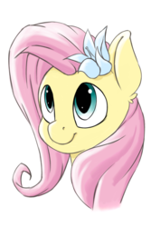 Size: 1200x1800 | Tagged: safe, artist:vistamage, fluttershy, g4, bust, female, flower, flower in hair, looking up, portrait, simple background, smiling, solo, white background
