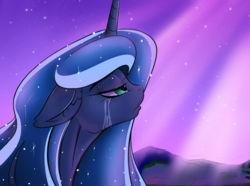 Size: 3500x2600 | Tagged: safe, artist:l-pastellepink-l, princess luna, g4, crepuscular rays, crying, ear fluff, female, floppy ears, high res, looking up, moonlight, night, solo, stars