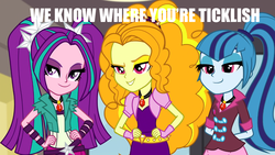 Size: 1280x720 | Tagged: safe, artist:leviarex, edit, edited screencap, screencap, adagio dazzle, aria blaze, sonata dusk, equestria girls, g4, rainbow rocks, gem, image macro, imminent tickles, implied tickling, meme, siren gem, smiling, smirk, the dazzlings, tickling