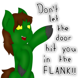 Size: 3000x3000 | Tagged: safe, artist:playful cinnamon, oc, oc only, oc:asmodeus, original species, brown mane, cloven hooves, green, high res, no pupils, sharp teeth, simple background, smiling, solo, teeth, transparent background, waving, yellow eyes