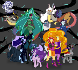 Size: 4596x4134 | Tagged: safe, artist:randythealicorn, adagio dazzle, discord, gaea everfree, gloriosa daisy, king sombra, lord tirek, nightmare moon, principal abacus cinch, queen chrysalis, starlight glimmer, storm king, sunset shimmer, alicorn, centaur, changeling, changeling queen, draconequus, human, pony, unicorn, yeti, equestria girls, g4, my little pony: the movie, absurd resolution, black vine, clothes, eris, female, rule 63, villains of equestria