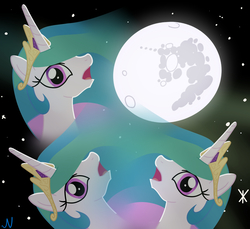 Size: 3000x2750 | Tagged: safe, alternate version, artist:nuka-kitty, princess celestia, alicorn, pony, princess celestia being deep, g4, crown, female, high res, jewelry, mare, mare in the moon, moon, open mouth, regalia, space, stars, three wolf moon