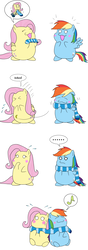 Size: 1364x3857 | Tagged: safe, artist:iroenpitu_nico, artist:raityusenpai280, artist:いろえんぴつ, fluttershy, rainbow dash, g4, 4koma, blushing, chubbie, clothes, cold, comic, cute, gift giving, happy, knitting, pixiv, present, scarf, shared clothing, shared scarf, sharing, sneezing