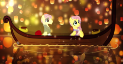 Size: 7855x4100 | Tagged: dead source, safe, artist:asika-aida, fluttershy, g4, absurd resolution, boat, butterscotch, clothes, commission, crossover, disney, female, i see the light, lantern, male, paper lantern, rule 63, scene interpretation, self ponidox, selfcest, ship:flutterscotch, shipping, smiling, straight, tangled (disney)