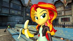 Size: 1280x720 | Tagged: safe, artist:oudieth, sunset shimmer, equestria girls, g4, 3d, banana, bench, clothes, female, food, gmod, looking at you, luigi, male, sitting
