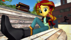 Size: 1600x900 | Tagged: safe, artist:oudieth, sunset shimmer, equestria girls, g4, 3d, bench, boots, clothes, cute, female, gmod, high heel boots, jacket, leather jacket, legs, looking at you, pants, sitting, smiling, solo