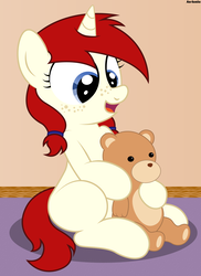 Size: 3705x5100 | Tagged: safe, artist:an-tonio, derpibooru exclusive, oc, oc only, oc:silver draw, pony, unicorn, absurd resolution, cute, featured image, female, filly, freckles, hnnng, hoof hold, hug, ocbetes, open mouth, sitting, smiling, solo, teddy bear, weapons-grade cute, younger