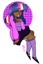 Size: 1024x1507 | Tagged: safe, artist:cubbybatdoodles, twilight sparkle, human, g4, abstract background, clothes, cute, dark skin, female, grin, humanized, pleated skirt, rainbow ponies, shoes, simple background, skirt, skirt pull, smiling, socks, solo, transparent background