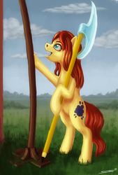 Size: 1214x1800 | Tagged: safe, artist:sa1ntmax, oc, oc only, oc:maytee, earth pony, pony, bardiche, female, mare, open mouth, pencil, solo, weapon