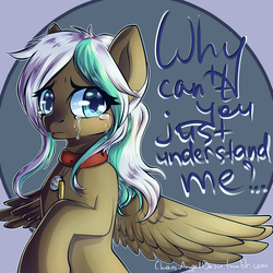 Size: 2000x2000 | Tagged: safe, artist:chaosangeldesu, oc, oc only, oc:lynn, pegasus, pony, abstract background, collar, crying, female, high res, mare, solo, spread wings