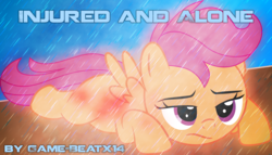 Size: 1837x1049 | Tagged: safe, artist:game-beatx14, artist:tgolyi, scootaloo, g4, blood, fanfic, fanfic art, female, fimfiction, fimfiction.net link, injured, rain, solo, story in the source