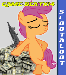 Size: 1750x2000 | Tagged: safe, artist:deadparrot22, artist:game-beatx14, scootaloo, g4, fanfic, fanfic art, female, fimfiction, fimfiction.net link, gun, money, solo, story in the source, weapon