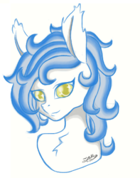 Size: 331x421 | Tagged: artist needed, safe, oc, oc only, oc:frostfall, earth pony, pony, blue hair, bust, female, looking at you, mare, portrait, signature, solo, yellow eyes