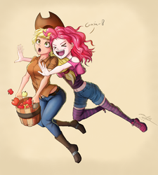 Size: 900x1000 | Tagged: safe, artist:the-park, applejack, pinkie pie, human, g4, pinkie apple pie, ><, belly button, boots, clothes, cute, denim, duo, eyes closed, female, hug, humanized, jeans, midriff, pants, shoes, sneakers, socks, striped socks, tackle hug, thigh highs