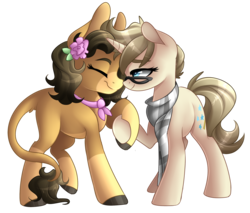 Size: 2030x1728 | Tagged: safe, artist:scarlet-spectrum, oc, oc only, oc:ayla, oc:rosabelle, mule, pony, unicorn, clothes, commission, cute, eyes closed, female, flower, flower in hair, holding hooves, lesbian, mare, scarf, simple background, smiling, transparent background