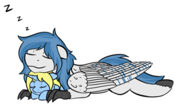 Size: 1280x769 | Tagged: safe, artist:mynder, oc, oc only, oc:art's desire, oc:delta dart, hippogriff, pony, unicorn, cute, simple background, size difference, sleeping, talons, transparent background, zzz