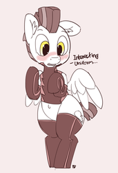 Size: 4322x6303 | Tagged: safe, artist:pabbley, thunderlane, pony, g4, absurd resolution, belly button, bipedal, blushing, clothes, dialogue, male, open mouth, partial color, simple background, socks, solo, uniform, wonderbolt trainee uniform