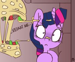 Size: 3453x2838 | Tagged: safe, artist:pabbley, twilight sparkle, pony, unicorn, xenomorph, g4, alien (franchise), cheese, dialogue, food, high res, parody, quesadilla, quesadilla monster, scared, shrunken pupils, they're just so cheesy, turophobia, unicorn twilight, wide eyes