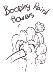 Size: 1540x2123 | Tagged: safe, artist:pabbley, pinkie pie, earth pony, pony, g4, boop, dialogue, flower, monochrome, rain, simple background, tongue out, wat, white background