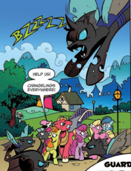 Size: 992x1291 | Tagged: safe, idw, official comic, berry punch, berryshine, big macintosh, bon bon, lily, lily valley, observer (g4), sweetcream scoops, sweetie drops, thunderlane, changeling, earth pony, pony, unicorn, g4, my little pony annual 2017, spoiler:comic, cropped, female, guardians of harmony, male, mare, speech bubble, stallion