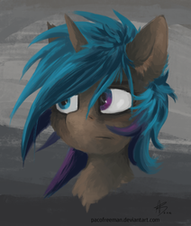 Size: 1382x1631 | Tagged: safe, artist:pacofreeman, oc, oc only, pony, unicorn, bust, gray background, heterochromia, solo