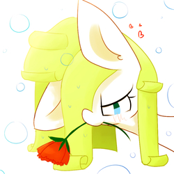 Size: 900x900 | Tagged: safe, artist:pinkieeighttwo, oc, oc only, oc:paper, pony, bubble, flower, flower in mouth, heart, lidded eyes, mouth hold, solo