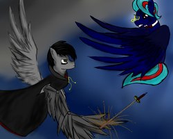Size: 1280x1024 | Tagged: safe, artist:lxden, oc, oc only, oc:hell fire, oc:hellfire, pegasus, pony, anghry, artificial wings, augmented, bowtie, brothers, clothes, fanfic, fanfic art, fight, flying, gentlepony, magic, mechanical wing, monocle, sword, telekinesis, weapon, wings