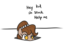 Size: 543x396 | Tagged: safe, artist:jargon scott, oc, oc only, oc:brownie bun, earth pony, pony, adorable distress, ceiling cat, cute, dialogue, female, hiding, hole, mare, ocbetes, peeking, simple background, solo, soon, stuck, white background