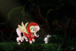 Size: 3000x2000 | Tagged: safe, artist:shogundun, angel bunny, fluttershy, g4, basket, clothes, crossover, cute, duo, forest, glowing eyes, high res, little red riding hood, mouth hold, shyabetes