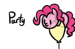 Size: 682x446 | Tagged: safe, artist:neuro, pinkie pie, earth pony, pony, g4, balloon, chibi, female, mare, one word, party, silly, simple background, solo