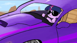 Size: 600x338 | Tagged: safe, artist:tjpones, twilight sparkle, pony, g4, car, driving, female, frown, gif, hoof hold, non-animated gif, sitting, solo, sports car, sunglasses