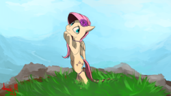 Size: 1280x720 | Tagged: safe, artist:miokomata, fluttershy, pony, g4, bipedal, cute, female, flower, flower in hair, grass field, looking at you, shyabetes, sky, smiling, solo