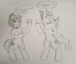 Size: 2346x1979 | Tagged: safe, artist:alexdemitri, demon, demon pony, pony, unicorn, bipedal, cawfee, chest fluff, choker, cup, duo, gwinty, monochrome, pencil drawing, teacup, traditional art