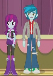 Size: 295x420 | Tagged: safe, screencap, mystery mint, thunderbass, equestria girls, g4, my little pony equestria girls: rainbow rocks, background human, boots, bracelet, clothes, female, high heel boots, jacket, jewelry, male, necktie, pants, pantyhose, ripped pantyhose, scarf, shoes, skirt, sneakers