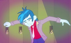 Size: 780x480 | Tagged: safe, screencap, thunderbass, equestria girls, g4, music to my ears, my little pony equestria girls: rainbow rocks, background human, clothes, eyes closed, jacket, male, necktie, solo