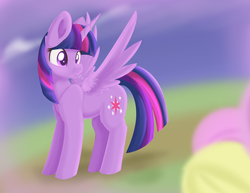 Size: 1557x1203 | Tagged: safe, artist:dusthiel, fluttershy, twilight sparkle, alicorn, pony, g4, eyes on the prize, female, lesbian, ship:twishy, shipping, spread wings, twilight sparkle (alicorn), wingboner