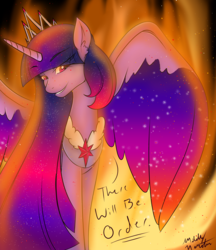 Size: 2500x2900 | Tagged: safe, artist:l-pastellepink-l, twilight sparkle, alicorn, pony, g4, colored wings, female, fire, high res, multicolored wings, solo, spread wings, twilight sparkle (alicorn), tyrant sparkle
