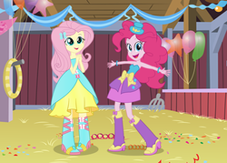 Size: 504x360 | Tagged: safe, artist:goblinengineer, artist:negasun, edit, editor:ktd1993, fluttershy, pinkie pie, equestria girls, g4, balloon, barn, boots, bracelet, confetti, cute, duo, fall formal outfits, hat, high heel boots, jewelry, looking at you, pitchfork, streamers, top hat