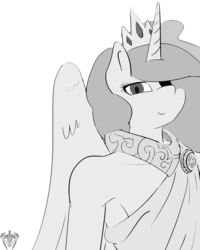 Size: 2000x2500 | Tagged: safe, artist:mopyr, princess celestia, anthro, g4, crown, female, grayscale, high res, jewelry, monochrome, regalia, sketch, solo