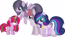 Size: 800x458 | Tagged: safe, artist:t-aroutachiikun, oc, oc only, oc:galaxy chronicle, oc:inertia, oc:lightyear sparkle, oc:princess estelle, pegasus, pony, unicorn, base used, cousins, female, filly, mare, offspring, parent:doctor whooves, parent:princess cadance, parent:shining armor, parent:twilight sparkle, parents:doctwi, parents:shiningcadance, simple background, sisters, transparent background