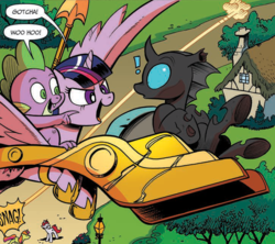 Size: 1455x1291 | Tagged: safe, idw, official comic, spike, sweetcream scoops, twilight sparkle, alicorn, changeling, dragon, pony, g4, spoiler:comic, spoiler:guardians of harmony, armor of friendship, cropped, female, mare, speech bubble, twilight sparkle (alicorn)