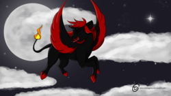 Size: 1024x576 | Tagged: safe, artist:obscuredragone, oc, oc only, oc:blaze shadow, alicorn, pony, black, broken horn, flying, happy, hooves, horn, night, red, red and black oc, sky, solo, tail, tail of fire, wings