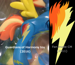 Size: 1692x1478 | Tagged: safe, spitfire, g4, backwards cutie mark, comparison, cutie mark, guardians of harmony, image macro, irl, photo, solo, toy