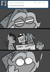 Size: 666x950 | Tagged: safe, artist:egophiliac, princess luna, oc, oc:danger mcsteele, oc:frolicsome meadowlark, oc:sunshine smiles (egophiliac), moonstuck, g4, ask, bucket, doll, exclamation point, eyepatch, filly, grayscale, monochrome, mop, squint, toy, tumblr, woona, woonoggles, younger