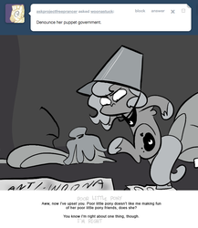 Size: 666x768 | Tagged: safe, artist:egophiliac, princess luna, moonstuck, g4, ask, bucket, female, filly, grayscale, monochrome, mop, solo, stomping, tumblr, woona, woonoggles, younger
